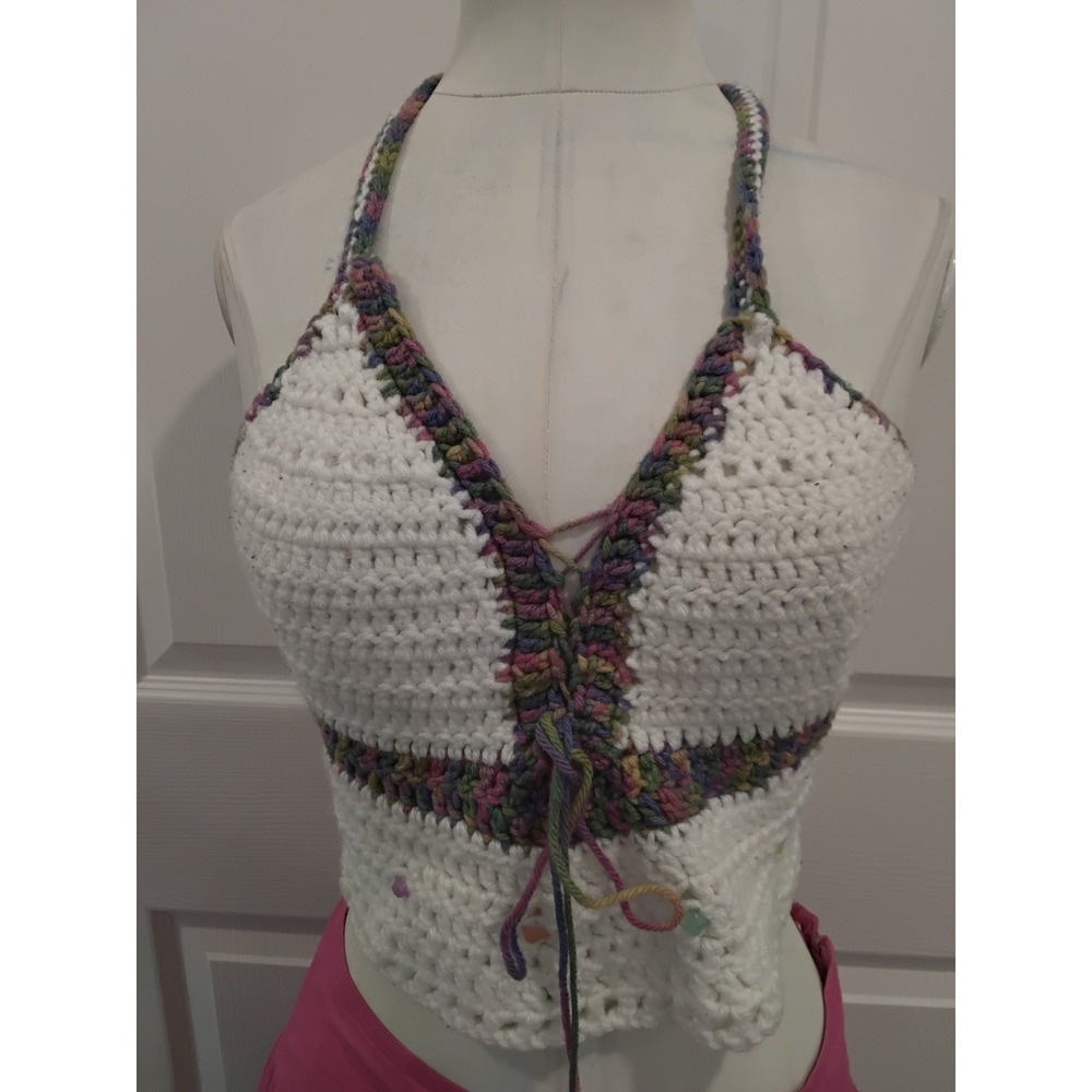 Handmade‎ Crochet Halter Crop Top White Boho Festival Lace Up Multi Color Trim